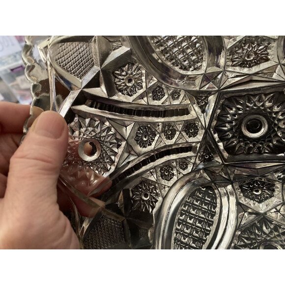 Vtg Pressed Glass Serving Bowl Scalloped Edge Hobstars Pineapple - Picture 12 of 14